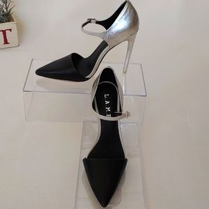 lamb black and silver leather pointed toe heel size 6.5